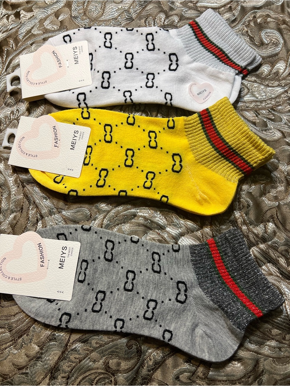 Fashion Patterned Women Ankle Socks - White, Yellow, Gray (3-Pack)